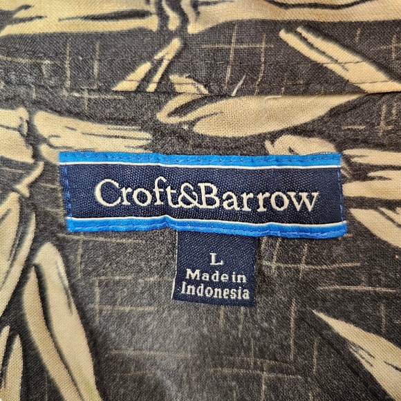 Mens Large Rayon Bamboo Print Hawaiian Camp Shirt Black Cream Croft & Barrow - Picture 4 of 8